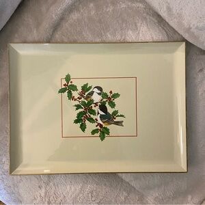 Otagiri Vintage Lacquerware Serving Tray Christmas Holiday Birds And Hollyberry